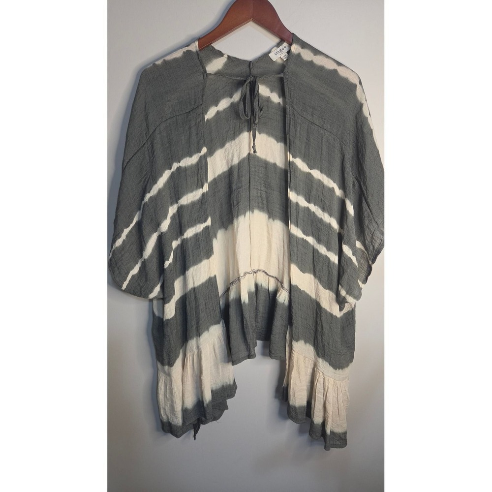 Umgee Womens Tie Dye Kimono Wrap Gray Cream Boho Ruffle Cardigan S/M